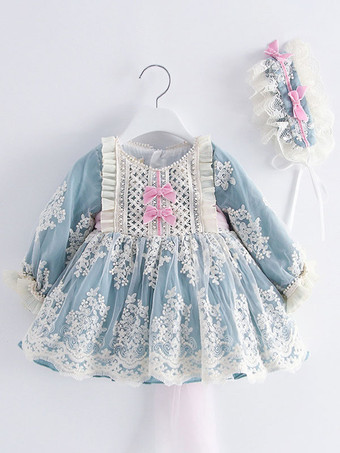 ポリエステル 日常 カジュアル フリル 長袖 コットン 冬用帽子 ロココスタイル ライトスカイブルー 子供用ロリータドレス