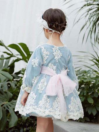 ポリエステル 日常 カジュアル フリル 長袖 コットン 冬用帽子 ロココスタイル ライトスカイブルー 子供用ロリータドレス