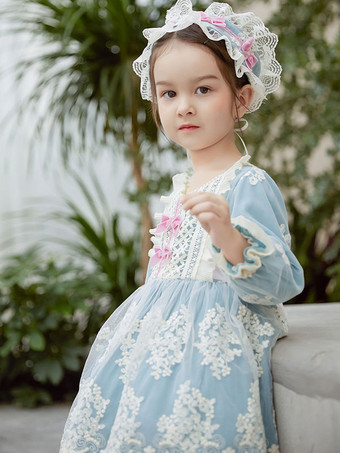 ポリエステル 日常 カジュアル フリル 長袖 コットン 冬用帽子 ロココスタイル ライトスカイブルー 子供用ロリータドレス
