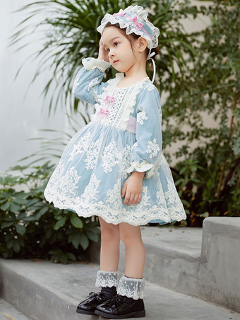 ポリエステル 日常 カジュアル フリル 長袖 コットン 冬用帽子 ロココスタイル ライトスカイブルー 子供用ロリータドレス