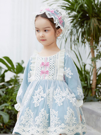 ポリエステル 日常 カジュアル フリル 長袖 コットン 冬用帽子 ロココスタイル ライトスカイブルー 子供用ロリータドレス