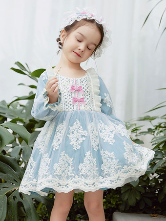 ポリエステル 日常 カジュアル フリル 長袖 コットン 冬用帽子 ロココスタイル ライトスカイブルー 子供用ロリータドレス