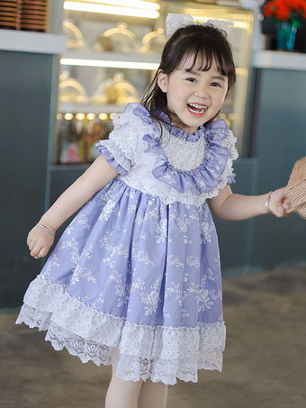 パープル ポリエステル 日常 カジュアル レース 半袖 コットン スプリングドレス フラワープリント ROCOCOスタイル パープル 子供用ロリータドレス