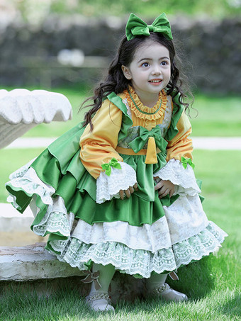 ポリエステル ティーパーティー リボン 長袖 コットン 秋用ドレス ROCOCOスタイル グリーン キッズロリータドレス