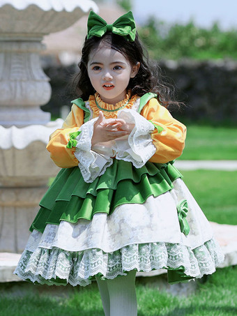 ポリエステル ティーパーティー リボン 長袖 コットン 秋用ドレス ROCOCOスタイル グリーン キッズロリータドレス
