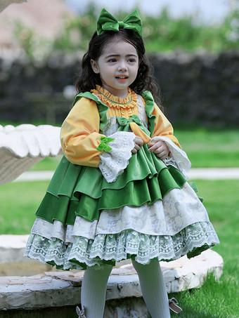 Polyester Tea Party Bows Long Sleeves Cotton Fall Dress ROCOCO Style Green  Kids' Lolita Dresses