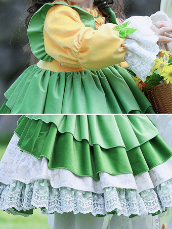 ポリエステル ティーパーティー リボン 長袖 コットン 秋用ドレス ROCOCOスタイル グリーン キッズロリータドレス