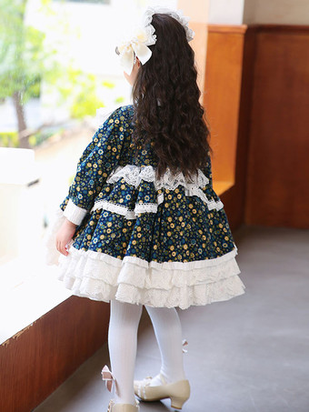 ポリエステル 日常 カジュアル フリル 長袖 コットン 秋 ドレス フラワープリント スイートブルー 子供用ロリータドレス