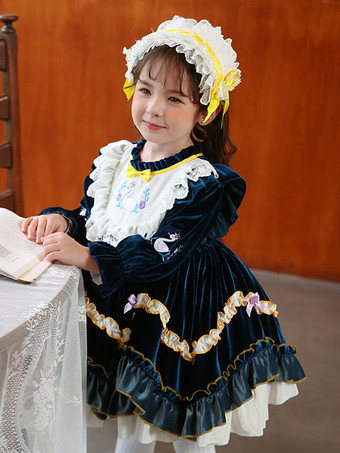 ポリエステル 日常 カジュアル レース 長袖 ポリエステル 秋 ドレス ROCOCOスタイル ダークグリーン 子供用ロリータドレス