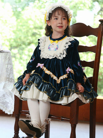 ポリエステル 日常 カジュアル レース 長袖 ポリエステル 秋 ドレス ROCOCOスタイル ダークグリーン 子供用ロリータドレス