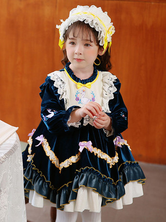 ポリエステル 日常 カジュアル レース 長袖 ポリエステル 秋 ドレス ROCOCOスタイル ダークグリーン 子供用ロリータドレス