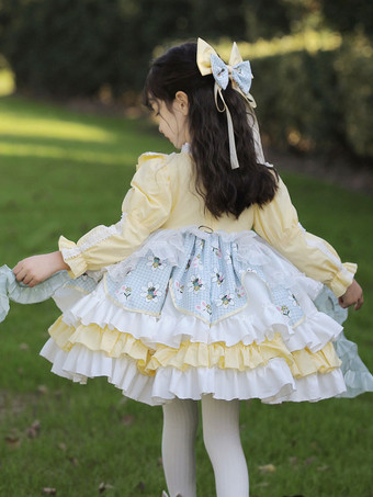 ポリエステル 日常 カジュアル レース 長袖 コットン 春 ドレス フラワープリント スイートベージュ キッズロリータドレス