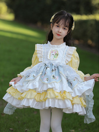 ポリエステル 日常 カジュアル レース 長袖 コットン 春 ドレス フラワープリント スイートベージュ キッズロリータドレス