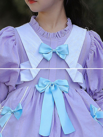 ポリエステル お茶会 リボン 長袖 コットン 秋用ドレス スイートラベンダー 子供用ロリータドレス