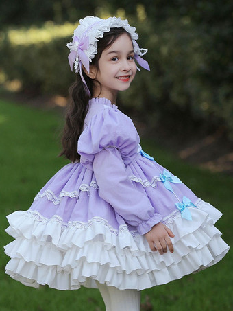 ポリエステル お茶会 リボン 長袖 コットン 秋用ドレス スイートラベンダー 子供用ロリータドレス