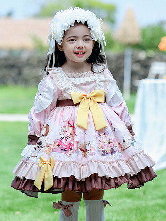 ピンクポリエステル 日常 カジュアル フリル 長袖 コットン スプリングドレス フラワープリント ROCOCOスタイル ピンク 子供用ロリータドレス