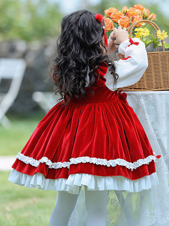 ポリエステル 日常 カジュアル フリル 長袖 ポリエステル 冬用ドレス チェック柄 中国風 レッド 子供用ロリータドレス