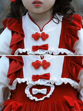 ポリエステル 日常 カジュアル フリル 長袖 ポリエステル 冬用ドレス チェック柄 中国風 レッド 子供用ロリータドレス