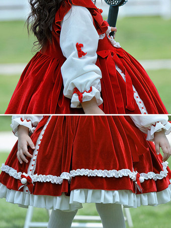 ポリエステル 日常 カジュアル フリル 長袖 ポリエステル 冬用ドレス チェック柄 中国風 レッド 子供用ロリータドレス