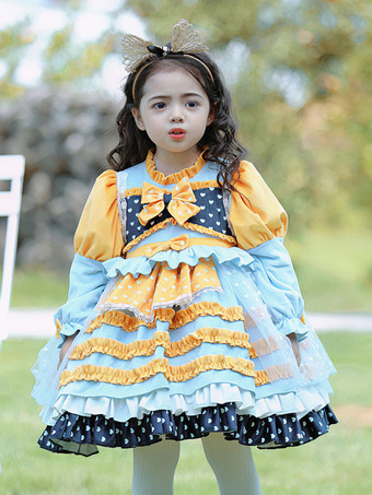 イエローポリエステル お茶会 リボン 長袖 ポリエステル スプリングドレス ハート柄 スイートイエロー 子供用ロリータドレス