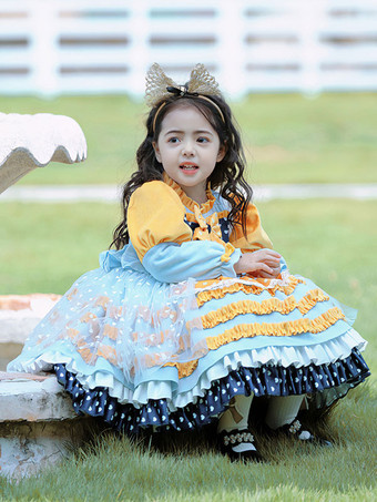 ポリエステル お茶会 リボン 長袖 ポリエステル スプリングドレス ハート柄 スイートイエロー 子供用ロリータドレス