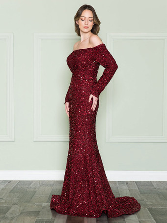 バーガンディーイブニングドレスマーメイドバトーネック スパンコール付き トレインフォーマルディナードレス
