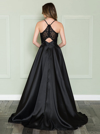 プロムドレスサテン V ネック A ライン ノースリーブ レース ウェディング ゲスト ドレス