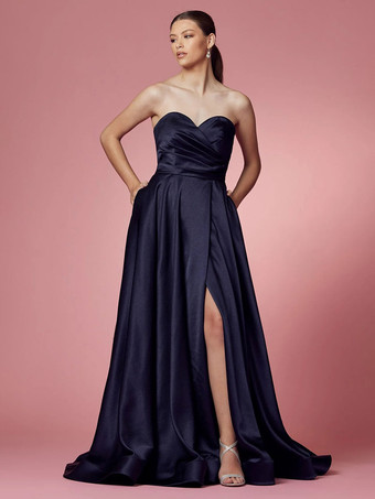ダークネイビープロムドレスA ライン 恋人ネック サテン ノースリーブ ポケット パーティードレス