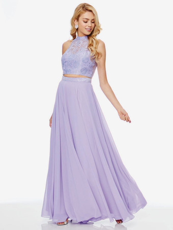 ライラックプロムドレスA ライン ホルター レース ノースリーブ ページェント ドレス