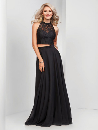 ブラックプロムドレスA ライン ホルター レース ノースリーブ ページェント ドレス