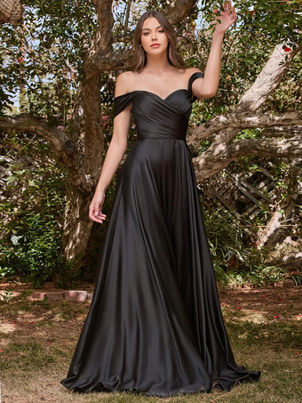 ブラックプロムドレス弾性シルクのようなサテンの恋人ネック A ライン長袖スプリットフロント結婚式のゲストドレス