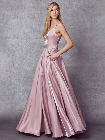 プロムドレス弾性シルクのようなサテン V ネック A ラインノースリーブポケット結婚式のゲストドレス