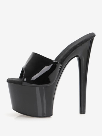 女性のセクシーなサンダル ブラック PU レザー ラウンド トゥ 2.8" バックル 6.7" セクシーな靴