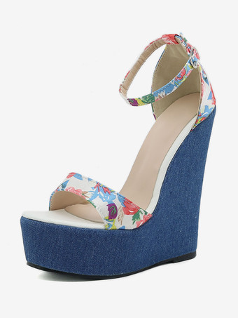 Sandalias de cuña para mujer Plataforma de mezclilla Estampado floral Zapatos de cuña con correa en el tobillo