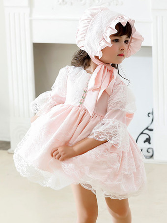 ポリエステル 日常 カジュアル レース 半袖 ポリエステル 秋 ドレス ROCOCOスタイル ピンク 子供用ロリータドレス
