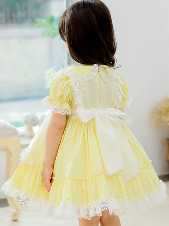 ポリエステル ティーパーティー 刺繍入り 半袖 ポリエステル 秋用ドレス スイートイエロー 子供用ロリータドレス