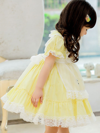 ポリエステル ティーパーティー 刺繍入り 半袖 ポリエステル 秋用ドレス スイートイエロー 子供用ロリータドレス