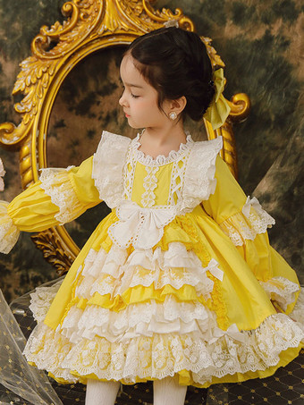 ポリエステル ティーパーティー レース 長袖 コットン サマードレス ROCOCOスタイル イエロー キッズロリータドレス