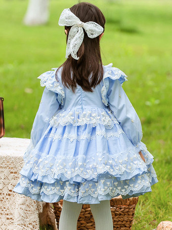 ポリエステル ティーパーティー レース 長袖 コットン サマードレス ハート柄 ロココ調 ライトスカイブルー キッズロリータドレス
