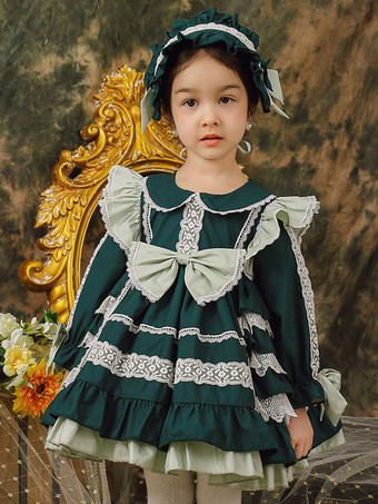 ポリエステル ティーパーティー レース 長袖 コットン 秋用ドレス ROCOCOスタイル ダークグリーン 子供用ロリータドレス