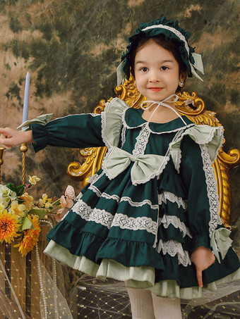 ポリエステル ティーパーティー レース 長袖 コットン 秋用ドレス ROCOCOスタイル ダークグリーン 子供用ロリータドレス