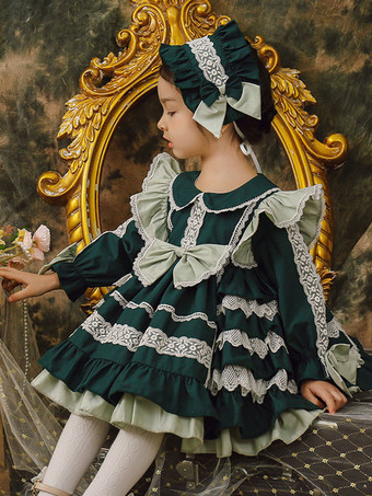 ポリエステル ティーパーティー レース 長袖 コットン 秋用ドレス ROCOCOスタイル ダークグリーン 子供用ロリータドレス