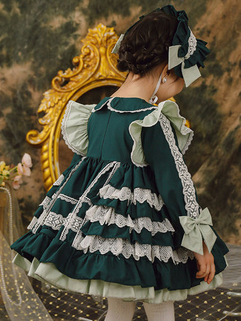 ポリエステル ティーパーティー レース 長袖 コットン 秋用ドレス ROCOCOスタイル ダークグリーン 子供用ロリータドレス
