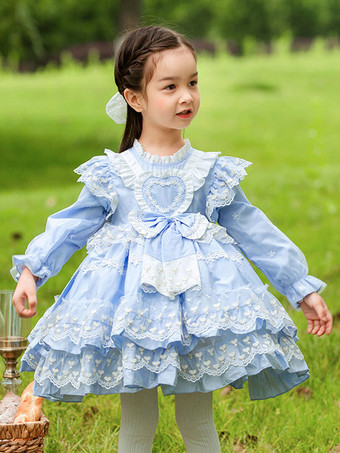 ライトスカイブルーポリエステル ティーパーティー レース 長袖 コットン サマードレス ハート柄 ロココ調 ライトスカイブルー キッズロリータドレス