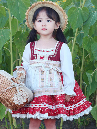 レッド ポリエステル 日常 カジュアル フリル 長袖 ポリエステル 秋 ドレス フラワープリント スイートレッド 子供用ロリータドレス