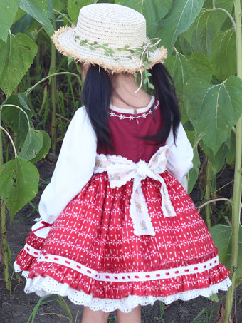 ポリエステル 日常 カジュアル フリル 長袖 ポリエステル 秋 ドレス フラワープリント スイートレッド 子供用ロリータドレス