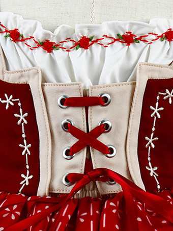 ポリエステル 日常 カジュアル フリル 長袖 ポリエステル 秋 ドレス フラワープリント スイートレッド 子供用ロリータドレス