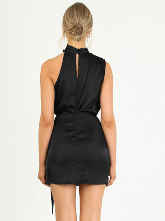 誕生日パーティードレス アプリコット ハイカラー ノースリーブ 非対称ミニドレス