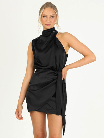 ブラック 誕生日パーティードレス アプリコット ハイカラー ノースリーブ 非対称ミニドレス