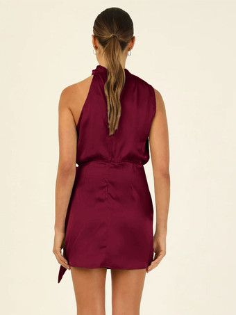 誕生日パーティードレス アプリコット ハイカラー ノースリーブ 非対称ミニドレス